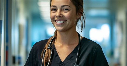 A female Registered Nurse of European Descent wearing navy blue scrubs