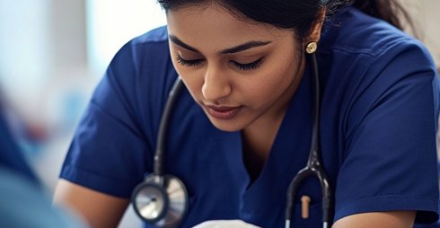 Registered Nurse wearing blue scrubs during OSCE exam