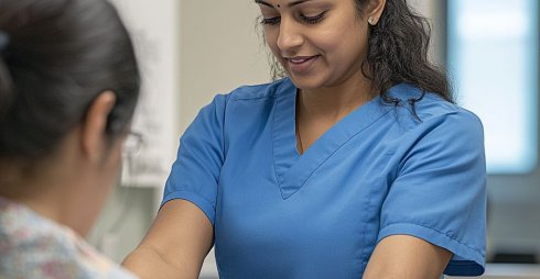 A Registered Nurse wearing blue scrubs during OSCE exam