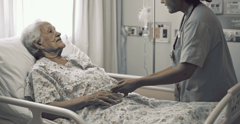 A female Registered Nurse of Indian descent caring for an elderly female patient who is lying in a hospital bed