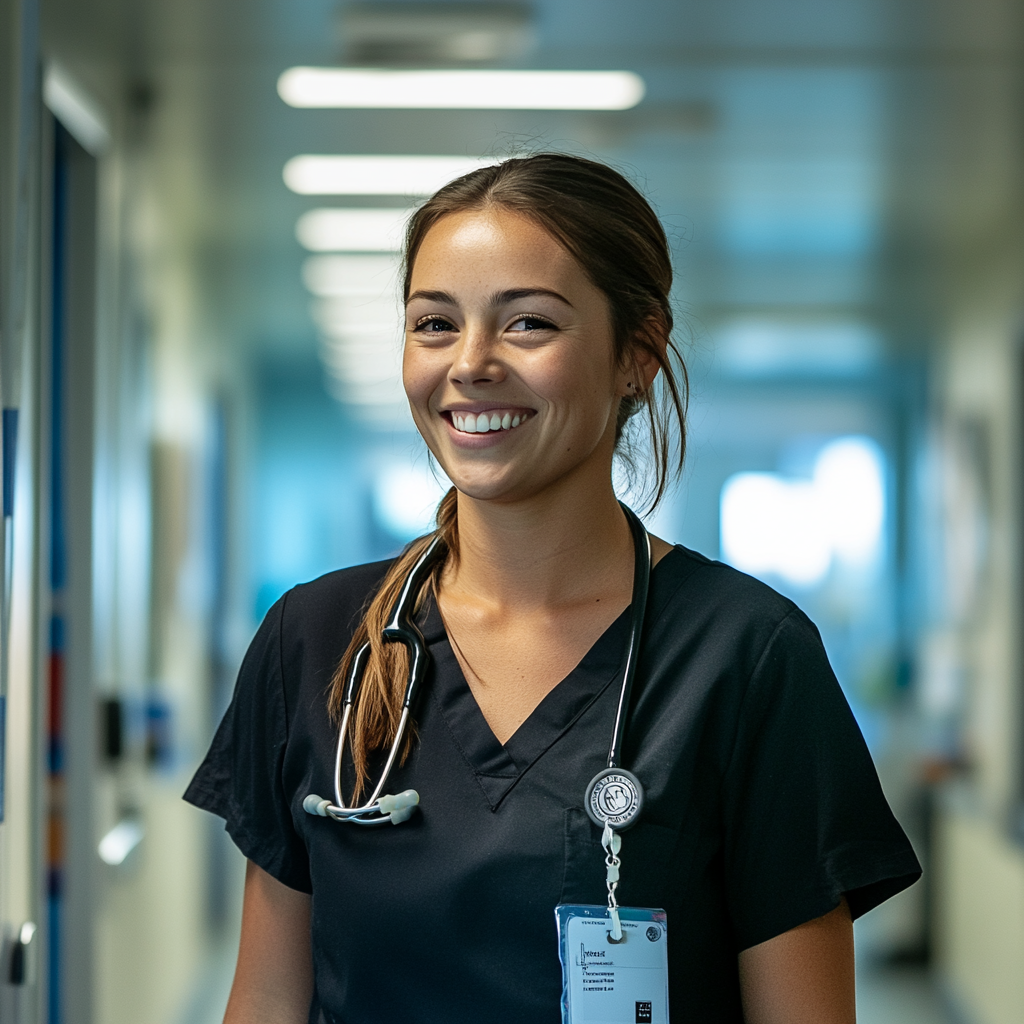 A female Registered Nurse of European Descent wearing navy blue scrubs