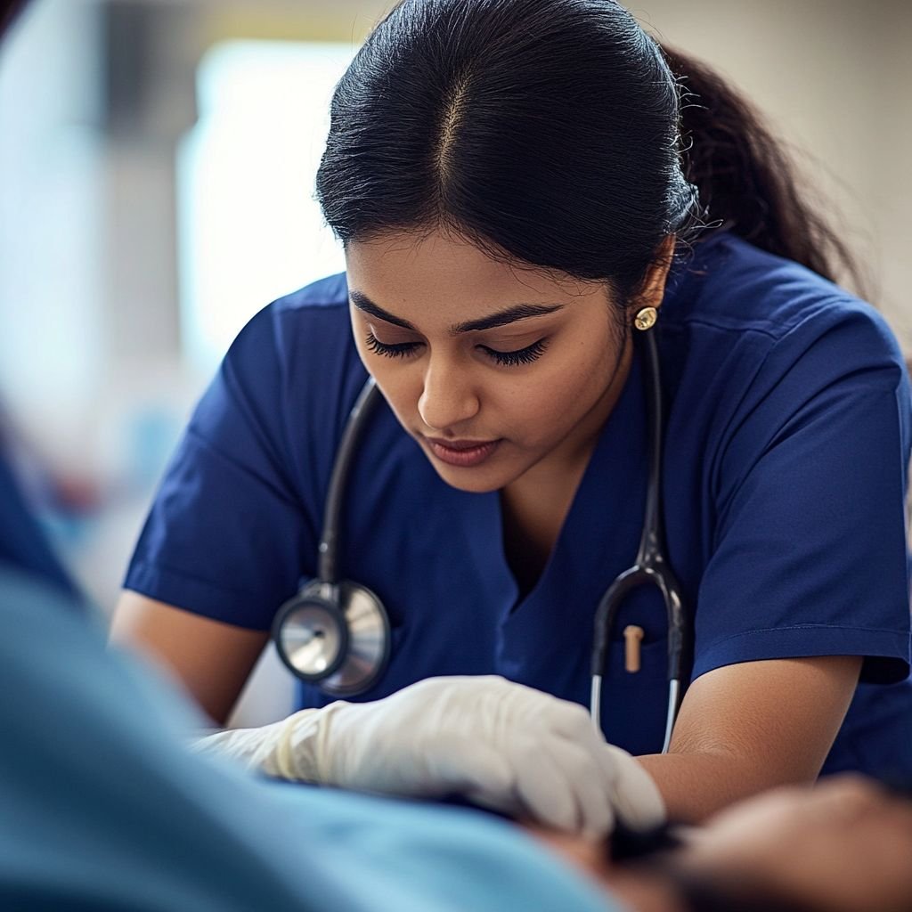 Registered Nurse wearing blue scrubs during OSCE exam