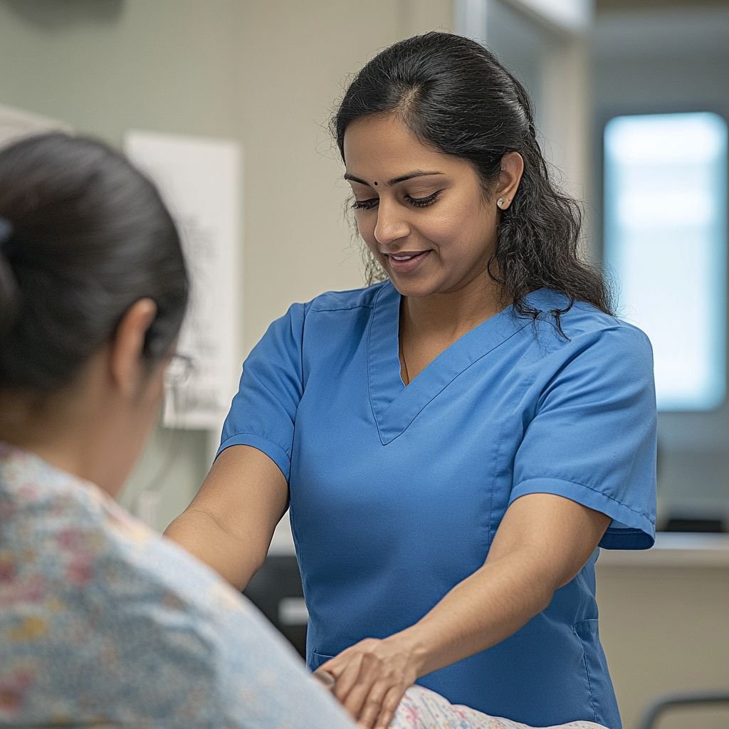 A Registered Nurse wearing blue scrubs during OSCE exam