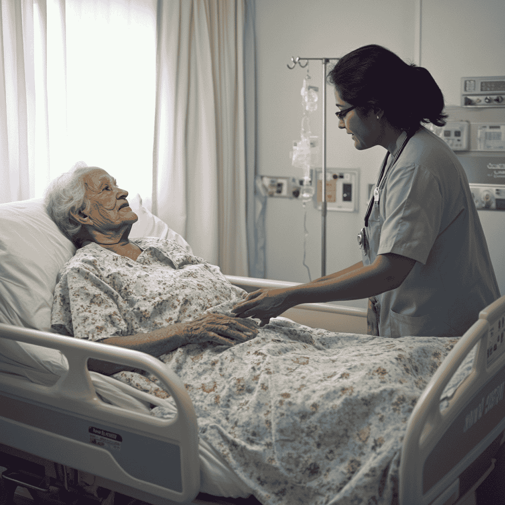 A female Registered Nurse of Indian descent caring for an elderly female patient who is lying in a hospital bed